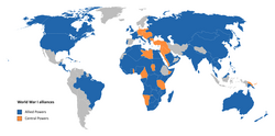 Participants in World War I - The Central Powers and their colonies in orange, the Allies and their colonies in blue, and neutral countries in gray.