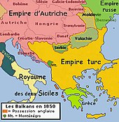 Carte montrant une péninsule des Balkans largement dominée par l'Empire ottoman, où seule la Grèce est indépendante.