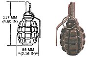 Photographie d'une grenade et de son dessin technique.