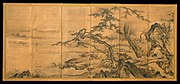 Kanō Masanobu, The Four Accomplishments, ink and light lolor on silk, 67 in. × 12 ft. 6 in. (170.2 × 381 cm), mid-16th century, Japan. Collected by the Metropolitan Museum of Art.[82]