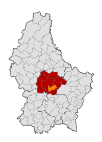 Map of Luxembourg with Lintgen highlighted in orange, and the canton in dark red