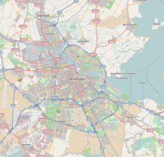 Mapa konturowa Amsterdamu, w centrum znajduje się punkt z opisem „Uniwersytet Amsterdamski”