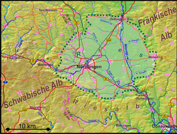 Rozloha kráteru Ries mezi Franskou a Švábskou Albou