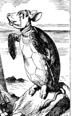 Line drawing of a turtle with the face, back hooves, and tail of a calf