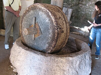 Olive mill - Nazareth. The spar through the eyelet is held in place by a dowel and is used to turn the current millstone.