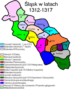 Силезия в 1312-1317 годах. Намыслувское княжество закрашено голубым цветом