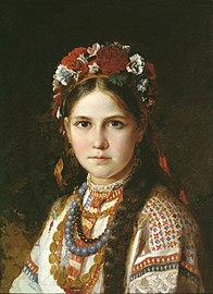 Ukrainian girl by Nikolay Rachkov wearing a wreath and a vyshyvanka