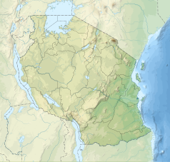 Mapa konturowa Tanzanii, u góry nieco na prawo znajduje się czarny trójkącik z opisem „Kilimandżaro, Kibo”