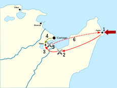 a map of what is now north-east Tunisia, showing the advance, main military clashes and retreat of the invading Roman army in 256–255 BC