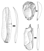 Utensilios del Paleolítico superior: hoja de sílex, raspador y perforador