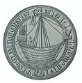 Печать города Эльбинг. 1350 год. Надпись: Sigillum civitatis Elbingensis. Изображён гонфанон на грот-мачте ганзейского когга