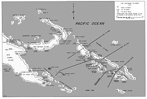 Salomonsaarten kartta, johon on merkitty liittoutuneiden eteneminen vuonna 1943 sekä merkittävimmät laivasto- ja lentotukikohdat.