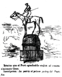 On the left, a Peruvian caricature mocks the Chilean fears that they see the Huáscar in different Chilean ports on the same day at the same time.