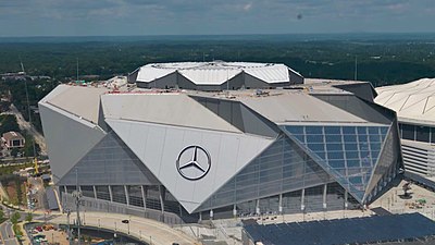 External aerial view of the Mecedes-Benz Stadium.