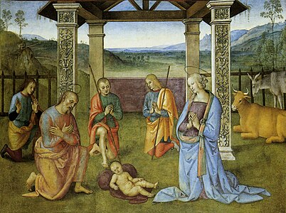 1503ko margolan honetan, Peruginok malakitako pigmentua erabili zuen aurrean, eta atzealdean lur berdea erabili zuen pigmentu gisa.