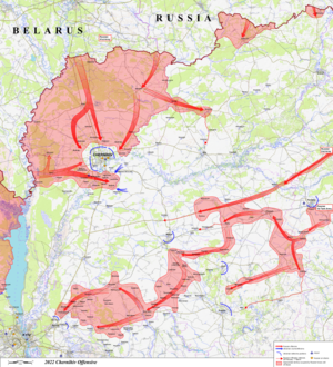 Мапа російського вторгнення з Республіки Білорусь та Російської федерації в Чернігівську та Київську області України у лютому-березні 2022 року