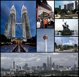 Clockwise from top left: Petronas Twin Towers, Petaling Street, Jamek Mosque and Gombak/Klang river confluence, National Monument, National Mosque, skyline of Kuala Lumpur. Centre: Kuala Lumpur Tower