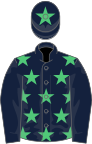 Dark blue, emerald green stars, dark blue sleeves, dark blue cap, emerald green star