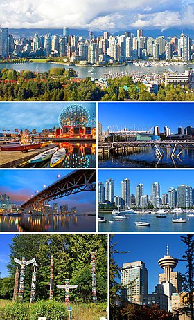 De cima, da esquerda para a direita: Centro de Vancouver; Science World; BC Place; Ponte Granville Street; False Creek; Totens no Parque Stanley; Harbour Centre.