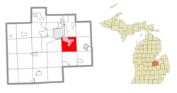 Location within Saginaw County (red) and the administered CDP of Bridgeport (pink)