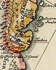 Тарки и Эндирей, упомянутые как крупные города на карте Рhillip Jonnanova — «Descriptio geographica Tartariae magnae tam orientalis». 1730-й год. Отмечены маркером.