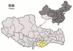 Location of Sangri County (red) within Shannan City (yellow) and the Tibet AR