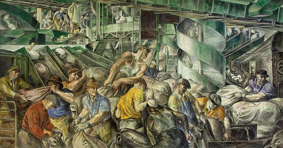 Muncitori Sortând Scrisori, o pictură murală din Vama Statelor Unite (New York City), de Reginald Marsh (1936)