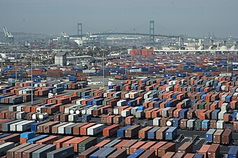 Port of Long Beach, Container terminal, with the Vincent Thomas Bridge in the background