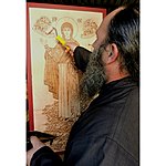 Fader Vasileios Pavlatos lackerar pyrografitavla, 2014