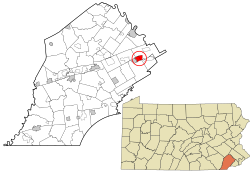 Location of Paoli in Chester County (top) and of Chester County in Pennsylvania (below)