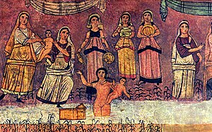 "משה נמשה מן היאור בידי בת פרעה" - פרסקו מבית הכנסת בדורה אירופוס.