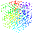 A 3-D Hilbert curve with color showing progression
