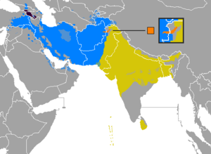 Mapa. Azja południowa i zachodnia. Iran i Indie w centrum. Granice państw. Różnokolorowe obszary