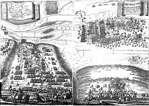 Битва при Райнфельдене с высоты птичьего полёта. Гравюра Маттеуса Мериана. 1670 г.