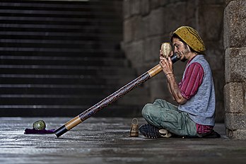 Joueur de didgeridoo à Saint-Jacques-de-Compostelle. (définition réelle 4 987 × 3 325)