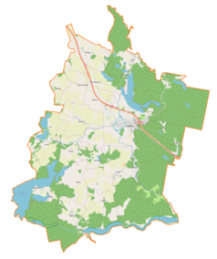 Mapa konturowa gminy Miłomłyn, blisko centrum na dole znajduje się punkt z opisem „Wielimowo”