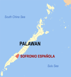 Mapa ng Palawan na nagpapakita sa lokasyon ng Sofronio Española.