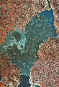 Luchtfoto van Cinder Cone en de Lava Beds in valse kleuren