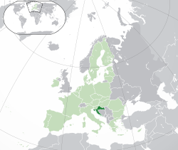 Lega Hrvaške (temno zeleno) na Evropski celini (sivo) — v Evropski uniji (svetlo zeleno)
