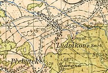Kolorovaná mapa třetího vojenského mapování, v jejímž výřezu je zachycen Ludvíkov pod Smrkem a blízká osada Přebytek.