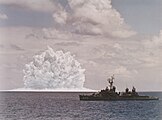 Swordfish spray dome and plume with USS Agerholm in foreground. Full scale test of ASROC rocket launched depth charge.