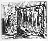Az európai konkvisztádorok az őslakosságot irtják. 1552-es rajz