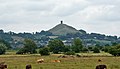 A mound surmounted by a tower in the distance. In the foreground are fields with cows and small trees and bushes.