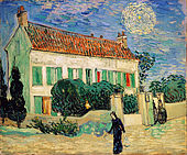A white two-story house at twilight, with 2 cypress trees on one end, and smaller green trees all around the house, with a yellow fence surrounding it. Two women are entering through the gate in the fence; while a woman in black walks on by going towards the left. In the sky, there is a bright star with a large intense yellow halo around it