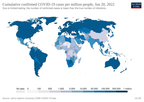 Totaal aantal bevestigde gevallen van COVID-19 per miljoen mensen (26 maart 2020)