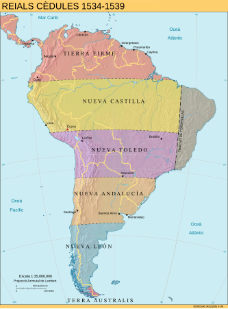 Mapa de les governacions d'Amèrica del Sud (1534-1539)