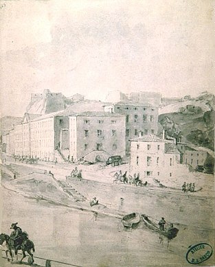 La caserne de Serin et le fort St-Jean, Balthazar Jean Baron, 1840[n 10]-1850Arbres abattus, portique et mur démoli laissent voir le perron de l'hôtel de la Butte contigu au grenier d’abondance.