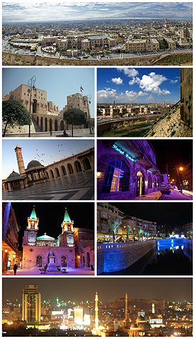 Ancient City of Aleppo Aleppo Citadel • The entrance to al-Madina Souq Great Mosque of Aleppo • Baron Hotel Saint Elijah Cathedral • Queiq River Panorama of Aleppo at night