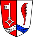 Gemeinde Vogtareuth Gespalten von Rot und Silber, überdeckt mit einem gesenkten, von Silber und Blau gespaltenen Wellenbalken; vorne ein aufrechter silberner Schlüssel, hinten ein aufrechter roter Palmzweig.