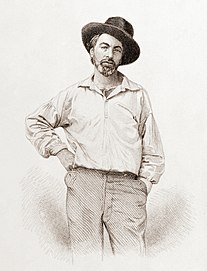 A black and white steel engraving of Walt Whitman standing. He is wearing at hat and collared shirt